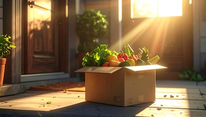 Cardboard box with fresh vegetables on doorstep at sunrise.