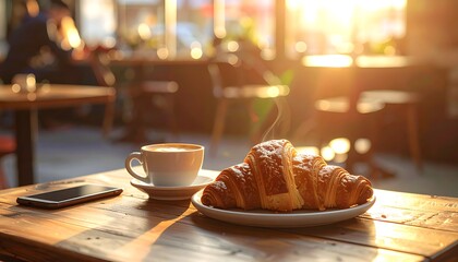 Croissant and Coffee on Wooden Table in Cafe.