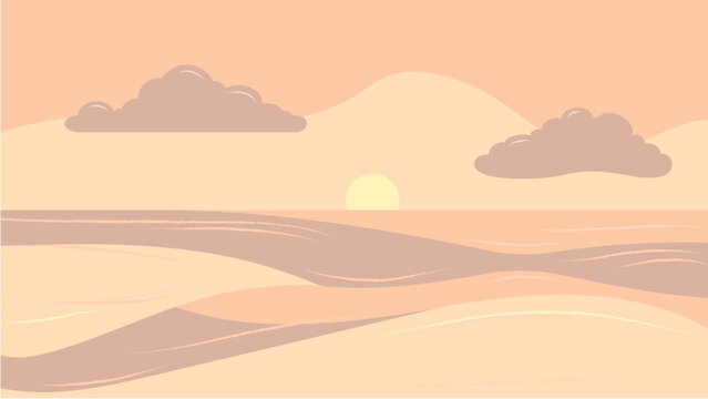 Minimalist vector illustration of a calm sea at sunset with soft ocean waves, warm pastel sky, clouds and sun on the horizon. - Powered by Adobe