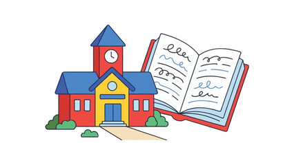 Illustration of a School Building and an Open Book.
