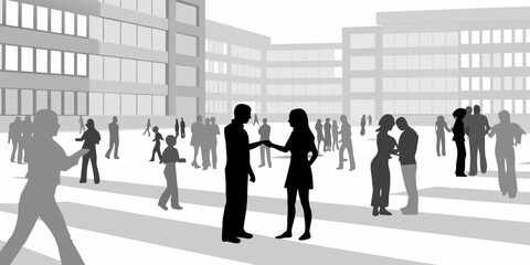 Obraz premium Group of Flat Vector Silhouettes Representing People Socializing and Connecting in a Modern Urban Environment