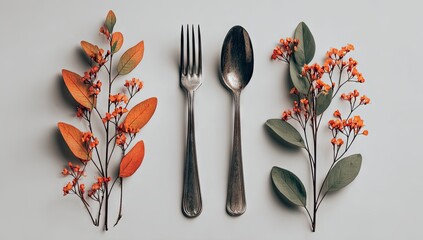 Fork and spoon arranged with autumn branches on a light background.