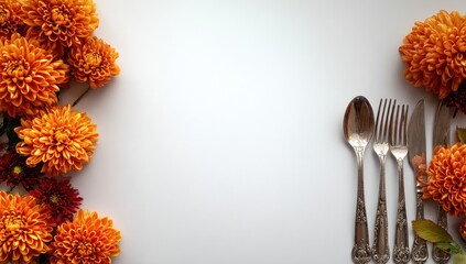 Orange chrysanthemums and ornate silverware on a white surface.