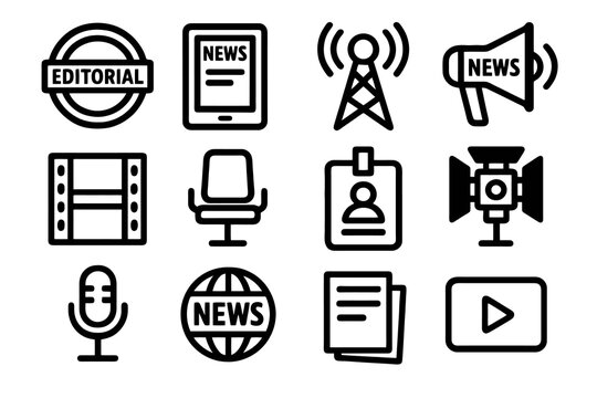 Thick-outline mass media icon set highlighting editorial tools, digital news platforms, broadcasting symbols, and reporting elements, ideal for journalism dashboards, news apps, and media communicatio