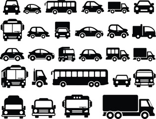 Collection of various vehicle silhouettes including cars trucks and buses in black on white background