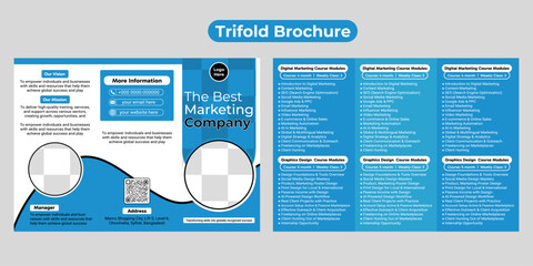Corporate business agency trifold brochure template. Modern, Creative and Professional tri fold brochure vector design. Simple and minimalist promotion layout 