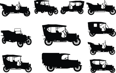 Fototapeta premium Collection of vintage cars from early 20th century in black silhouette on white background