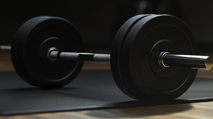 Fototapeta premium Weightlifting Set on a Black Mat Featuring Iron Weights, Representing Strength and Fitness Training