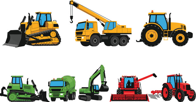 Collection of heavy construction equipment and tractors in different colors