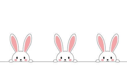 Fototapeta premium Three cute minimalist cartoon rabbits with long pink ears peeking over a single black line on a simple white background illustration.