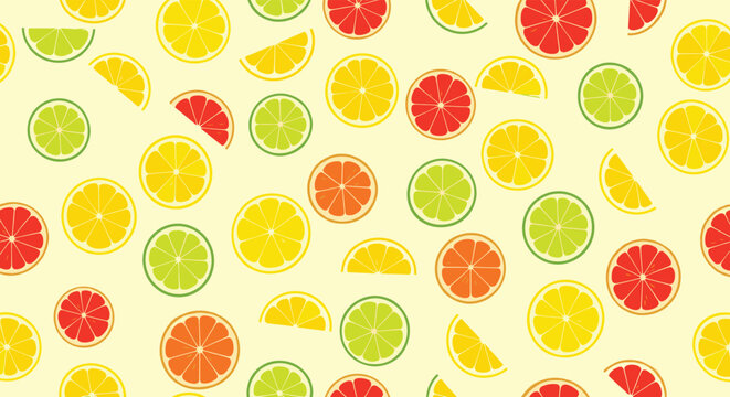 A vibrant and refreshing seamless pattern featuring colorful slices of citrus fruits like lemon, lime, orange, and grapefruit.