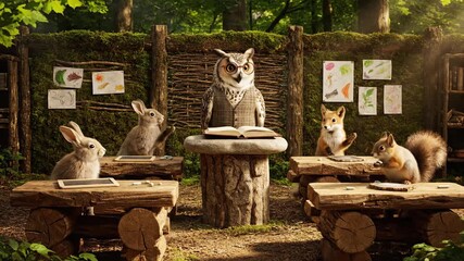 Cute forest animals attending a class taught by an owl in a woodland schoolhouse.