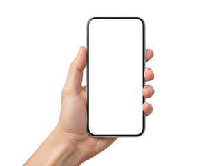 Hand holding smartphone isolated on transparent background