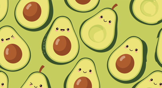A cute and healthy seamless pattern of cartoon avocado characters with happy faces on a vibrant green background design.