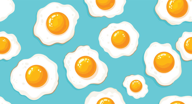 A bright and cheerful seamless pattern of sunny-side-up fried eggs scattered across a vibrant turquoise blue background.