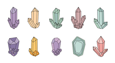 A beautiful collection of ten hand-drawn crystal and gemstone clusters in pastel colors, featuring various geometric shapes.