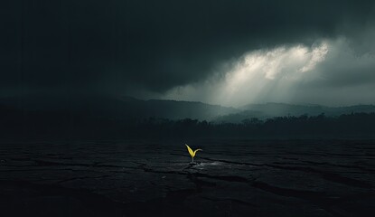 A single yellow seedling sprouts from dry earth under dramatic storm clouds.