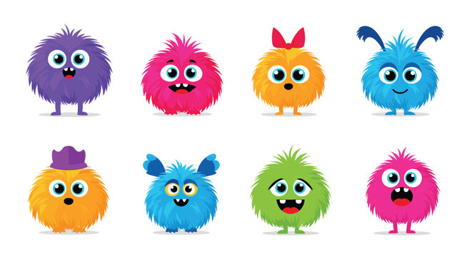 A charming collection of eight cute and colorful fluffy cartoon monsters with big googly eyes and various funny expressions.