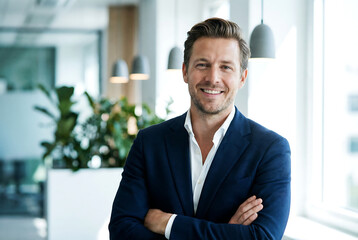 Smiling professional businessman in modern open plan office with soft bokeh lights corporate portrait for leadership entrepreneurship and workplace success themes