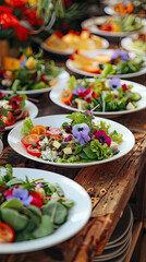 Rustic appetizer layout with natural textures, herbs, and edible blooms. Generative AI