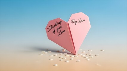 A beautifully folded pink origami heart, adorned with handwritten messages of affection and deep love, presented on a soft, textured background with delicate pearls
