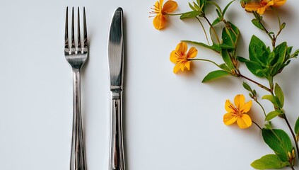Fork and knife rest beside vibrant yellow wildflowers on white.