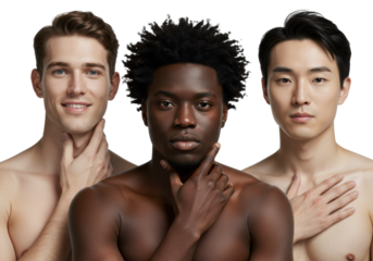 Young bare-chested diverse men (caucasian, afro-american, asian) touch radiant skin, varied expressions, on transparent studio. Diverse male skincare beauty campaign concept