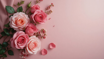 Beautiful bouquet of pink roses on a wooden background represents a romantic floral gift of blooming nature for a wedding anniversary or Valentine celebration of love