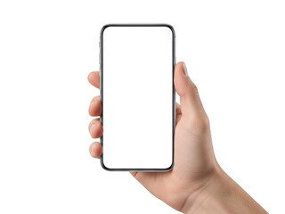 Hand holding smartphone, isolated on transparent background