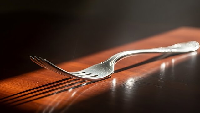 Elegant Silver Fork Bent in Dramatic Shadow on Polished Wooden Table