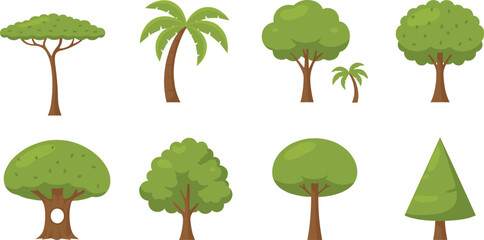 Flat vector set of green trees and palm trees cartoon nature illustration collection for forest landscape ecology design elements © Shafik Creatives