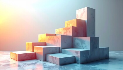 3D abstract business growth concept with layered geometric blocks rising upward