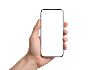Hand holding smartphone, isolated on transparent background