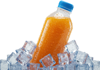 Transparent plastic bottle with vibrant orange juice, heavily condensed, electric blue cap, nestled in glistening ice cubes, on a white studio background, concept of extreme coolness and refreshment