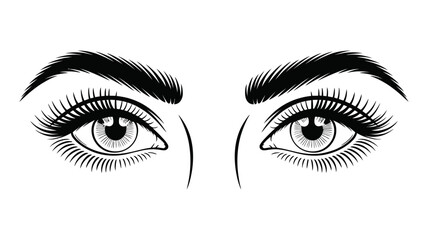 Beautiful symmetrical female eyes illustration with thick eyelashes and full eyebrows