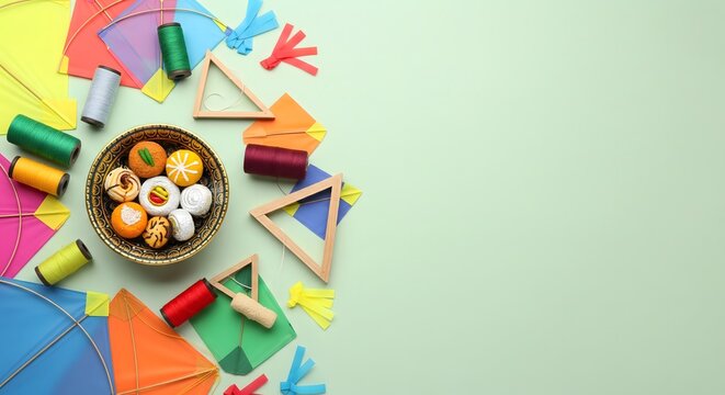 Makar Sankranti festive flat lay with colorful paper kites, strings, spools, and traditional tilgul sweets on a pastel background, symbolizing Indian harvest celebration, creativity, joy, and cultural