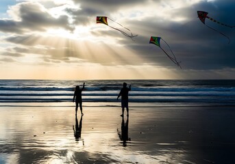 Silhouettes of children flying colorful kites on a beach at sunset, symbolizing freedom, joy, togetherness, childhood happiness, festive spirit, and the beauty of simple moments by the sea.