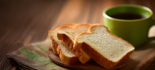 close up of white bread slices and toast with a green coffee mug on a wooden table, cozy breakfast scene, morning routine concepts, cafe style food content, comfort lifestyle design,