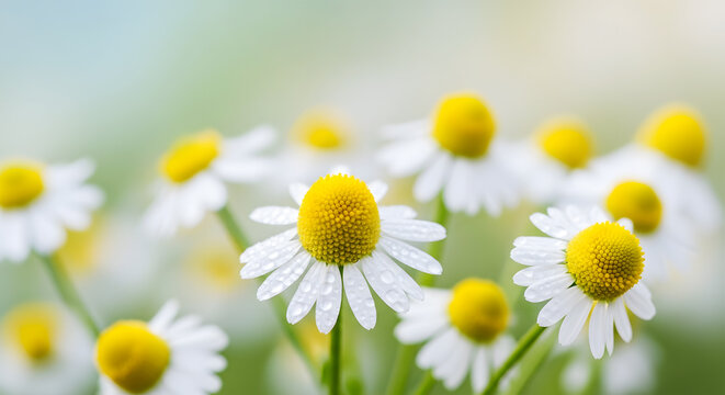 Field of White Chamomile Flowers with Yellow Centers and Water Droplets petals