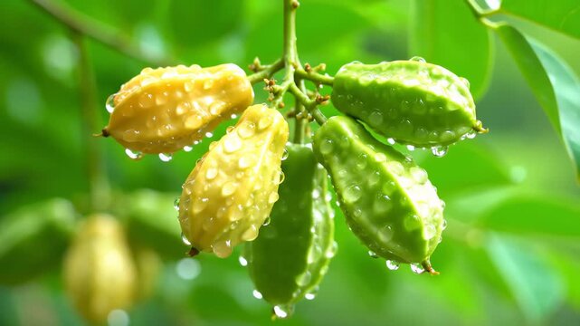 Star Fruit Hanging on Tree Branch With Raindrops