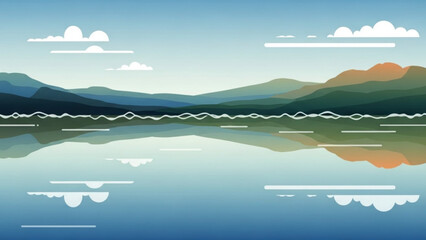 Serene mountain lake landscape with calm water reflection, blue sky and white clouds, green hills