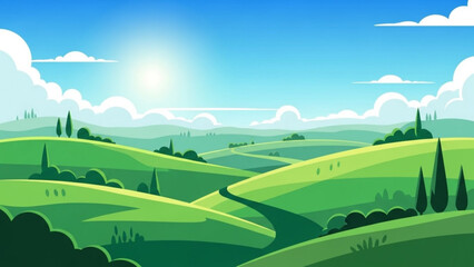Fototapeta premium A serene green rolling hills landscape with a bright blue sky and white clouds
