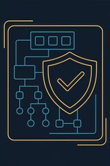 Cybersecurity framework depicting digital security protocols with flowcharts and shields illustrating protection strategies for network integrity and data privacy