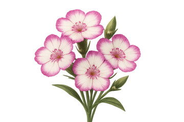 Pink dianthus flowers botanical illustration with leaves and buds, vintage flowering plant on transparent background