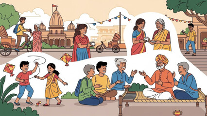 Traditional indian people celebrating cultural festival with kite flying and music