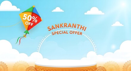 Makar Sankranti festive sale banner with colorful kite and 50 percent discount text on a bright sky background, representing Indian harvest festival celebration, seasonal shopping, joyful offers.