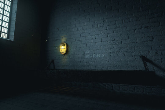 3d rendering of grunge prison cell with bed and flying moths around the cell lighting
