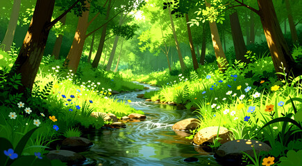 a beautiful landscape of a forest with a small stream running through it. The stream is surrounded by lush greenery and trees, with tall trees on both sides. The trees have green leaves and the ground