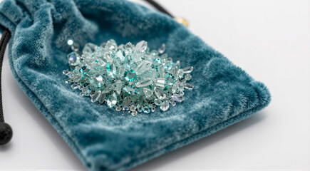 velvet pouch with a drawstring closure. The pouch is a deep blue color and appears to be made of a soft, velvety material. On the front of the pouch