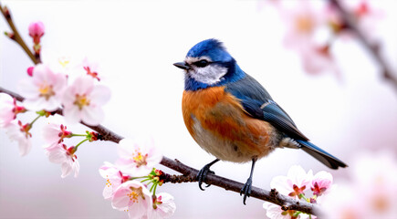 a photograph of a small bird perched on a branch of a tree with pink cherry blossom flowers. The bird is facing towards the right side of the image and its head is turned slightly to the left